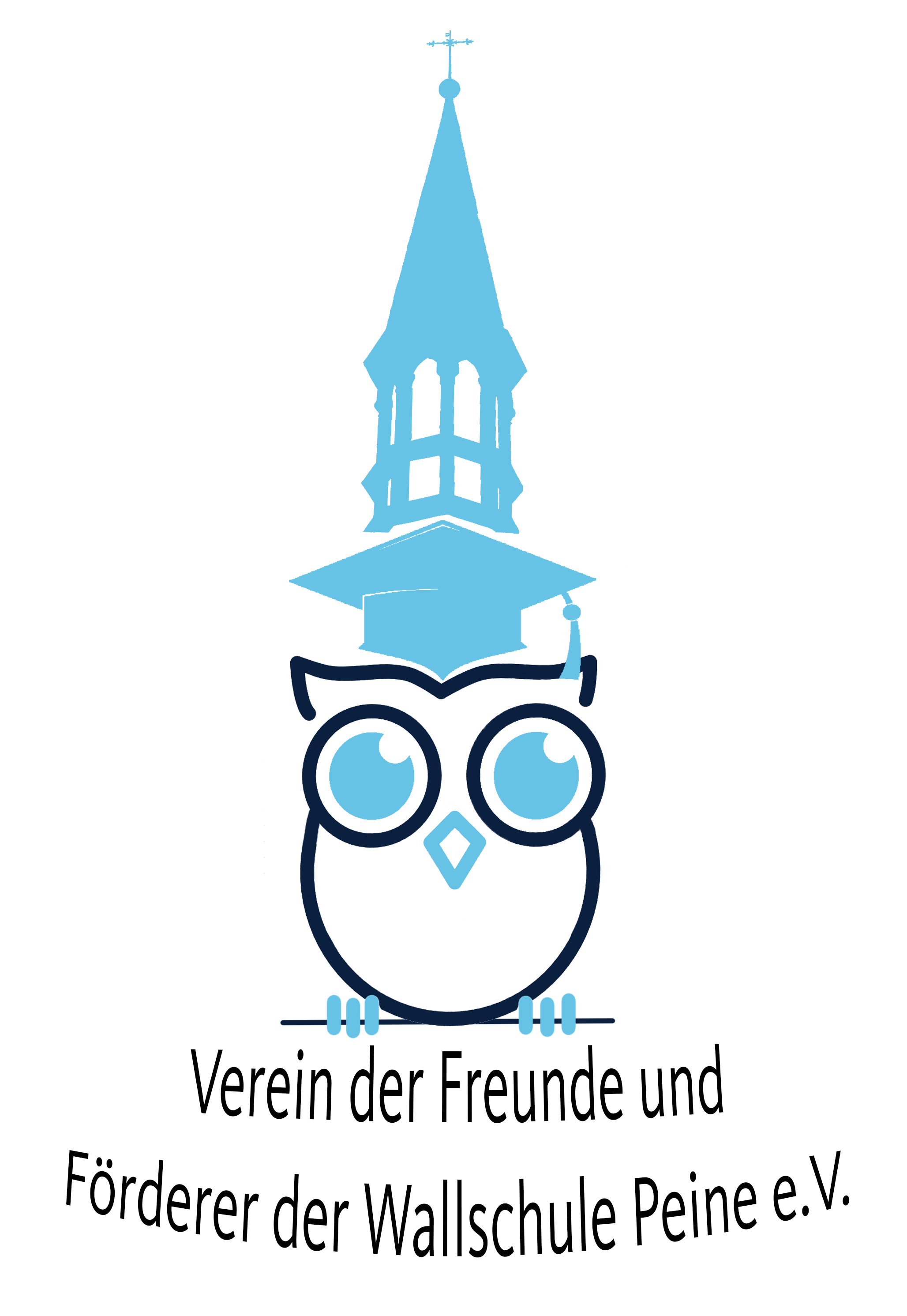 Eine Eule mit einer Brille welche eine Turmspitze und Hut auf dem Kopf hat.